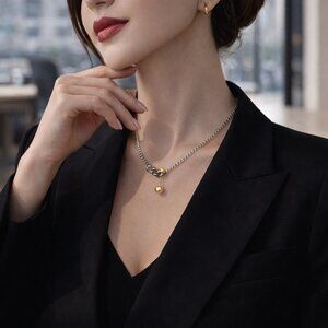 Mixed Metal 18K Gold Plated Stainless Steel Ball Bar Pendant Chain Necklace